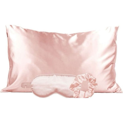 A beige satin pillowcase, eye mask, and scrunchie set, displayed on a neutral background.