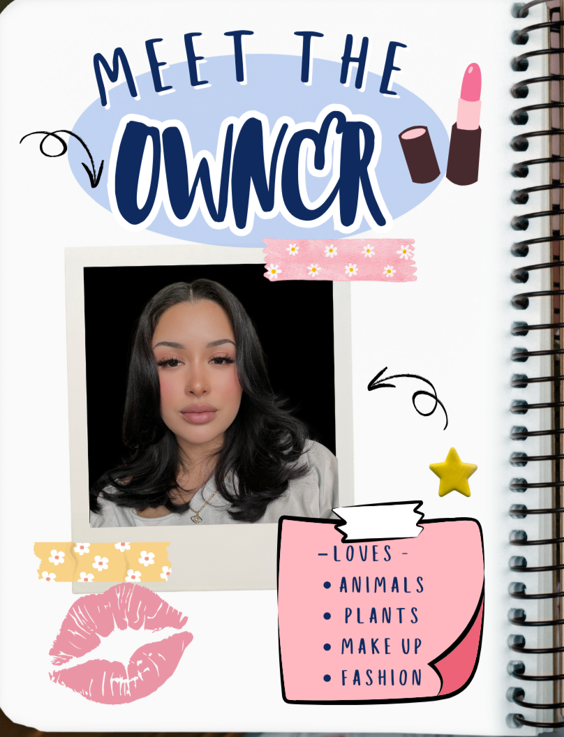 Notebook with a photo of a person and text 'Meet the Owner' on a desk.
